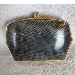 Vintage Snakeskin Hard Shell Box Clutch‎ Women Grey Gold Frame Evening Bag